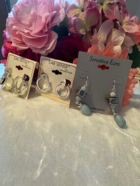 🔥Final🔥Sensitive Ears Silver Hoop and Light Blue Drop Earrings Set bundle #5